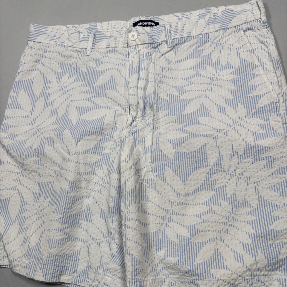 Lands' End Shorts Mens 38 Blue Seersucker Tropical Leaf Traditional Fit 517520